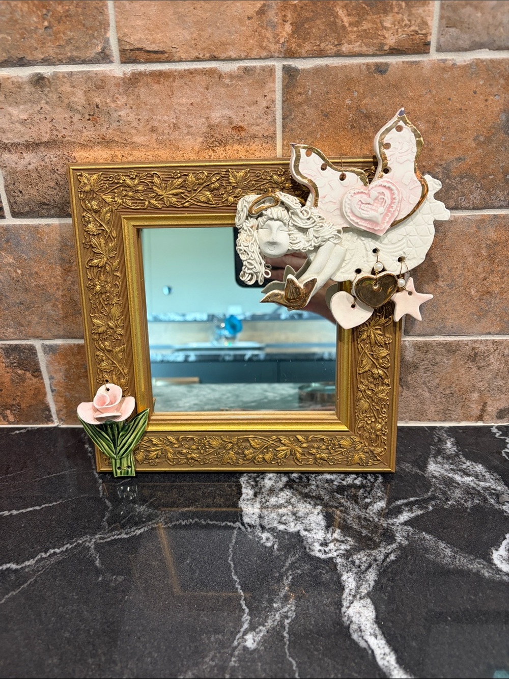 Ornate Gold Decorative Mirror with Handcrafted Ceramic Accents